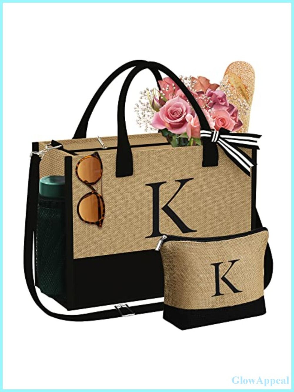 Personalized Initial Jute Tote Bag with Makeup Pouch, Monogram Gift for Women